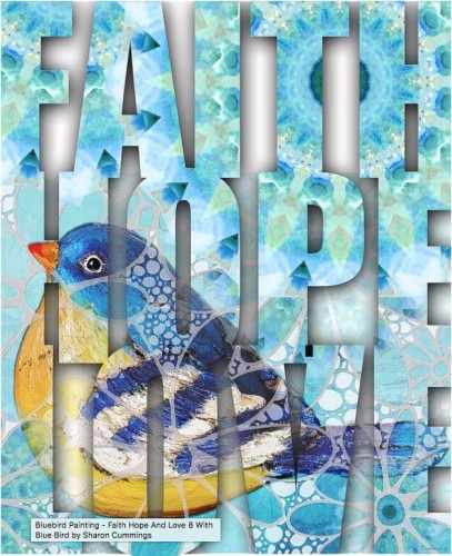 Blue bird and mandalas spelling Faith Hope And Love by artist Sharon Cummings.