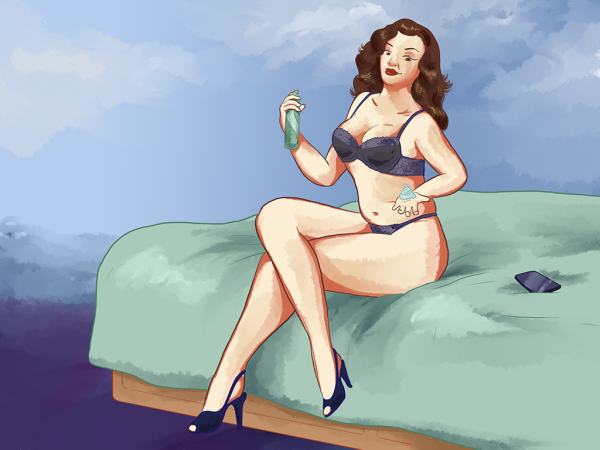 Illustrated in the style of a 1950's housewife pinup, a woman in sexy underwear and high-heeled shoes smiles wryly at the viewer while moistursing her body - an iPhone sits on the bed beside her