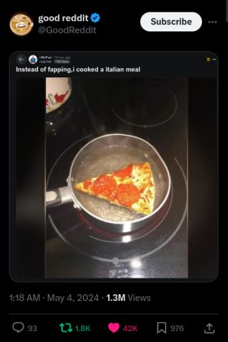A tweet from good reddit which as a photo of a boiled pizza on Reddit attached to it
