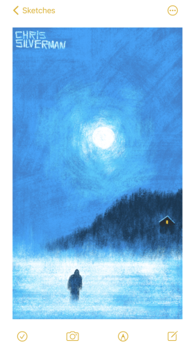 A clear, cold night. The full moon blazes across a frozen lake with what appears to be fog on the surface. In the foreground, walking across the ice, is a hooded figure. On the far shore is a wooded hill with a single house on the side. There is a yellow window glowing on the side of the house. This is a mostly blue drawing: the sky is blue, in the way that it is when there's a full moon, and the ice is a lighter but cold blue.