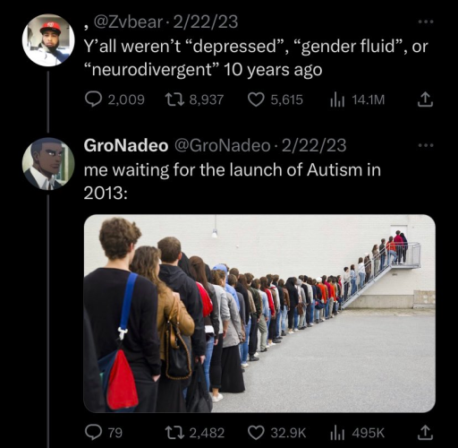 A tweet saying "Y'all weren't 'depressed', 'gender fluid', or 'neurodivergent' 10 years ago", which got ratioed by a reply saying "me waiting for the launch of Autism in 2013" followed by a photo of a very long waiting line.