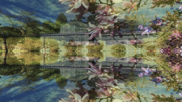 Mirrored geometry. Park in front of the Moorish country house with magnolia blossoms.
