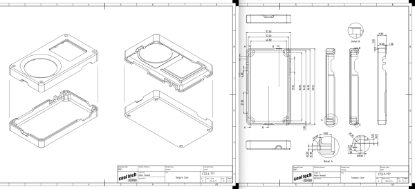 A two-page incomplete technical drawing for CNC machining. First page showing two isometric angles of the Tangara case halves mating, and the second showing my attempt at 1st Angle orthographic projections of the back half of the case, with multi-part cutaways and detail zooms showing angles and dimensions.