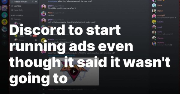 "Discord to start running ads even though it said it wasn't going to" text laid over a screenshot of a Discord server