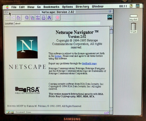 Netscape Navigator 2.02 running on a Quadra 700
