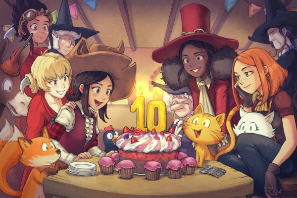 A digital colored drawing illustration of Pepper celebrating the 10th anniversary with all her friends around a cake and muffins.