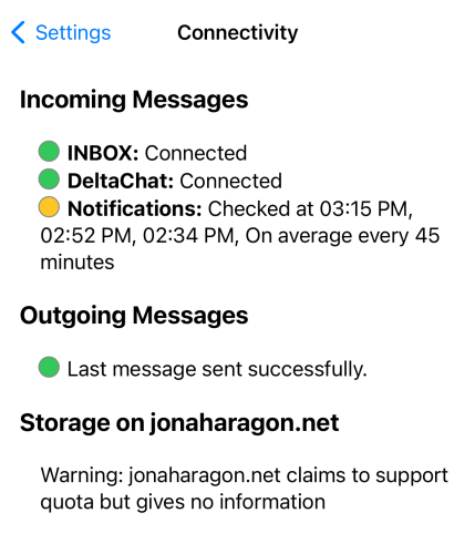 Connectivity options in Delta Chat settings showing yellow icon next to notifications, saying it’s checked on average every 45 minutes.