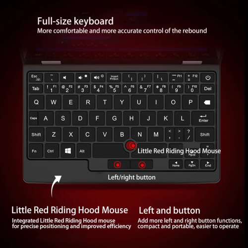 An image from an AliExpress listing of a tiny computer.

It calls the red thinkpad nipple the "Little Red Riding Hood Mouse"

Other things labeled are:
- Full-size keyboard (false). More comfortable and accurate control of the rebound
- Little Red Riding Hood Mouse - Integrated Little Red Riding Hood Mouse for precise positioning and improved efficiency
- Left and button - Add more left and right button functions, compact and portable, easier to operate