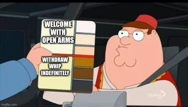 Family Guy color chart meme: "Welcome with Open Arms" at the top and "Withdraw whip indefinitely" at the bottom