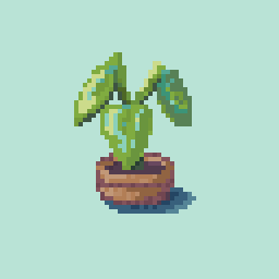 pixel art of a potted plant with three leaves and some sun coming in from the left, making one leaf a bit shadowed. The pot is maybe terracotta, and there is a little shadow to the right of it. The background is plain light mint color. 