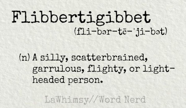 A graphic shows a definition of Flibbertigibbet. Noun - a silly scatterbrained garrulous flighty or light-headed person.