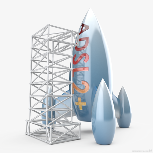 Stylized 3D illustration of a rocket, ready to launch from a base. Imprinted on the rocket is "ADSL 2+".