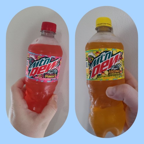 Collage with two photographs side by side of a white person's hand holding two different Mountain Dew, Baja Blast variants. On the left is a red bottle called "Baja Point Break." On the right is a yellow bottle called 'Baja Laguna Lemonade." The two photos are bordered by a powder blue frame. Each photo is vertical with rounded edges at the top / bottom of the photo.