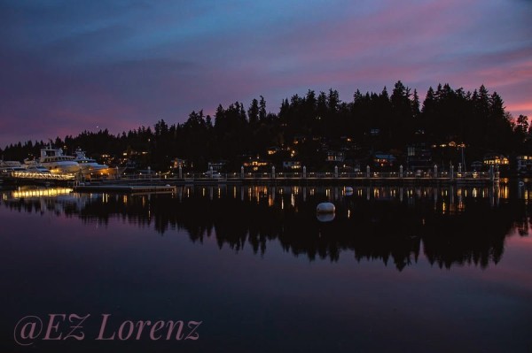 Post sunset reflection in Lake Washington, pink afterglow over a hilly neighborhood with evergreens and lights of homes and a pier. 