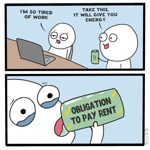 This cartoon shows a person’s internal struggle between wanting more energy to work and the responsibility of paying rent.   The left side of the image in the first panel shows a person sitting at a desk in front of a laptop and saying: “I’m so tired of work.” The other guy on the right side says: “Take this. It will give you energy.” The second panel shows the image titled: “Obligation to pay rent.”  Comic by  “Chilik.”