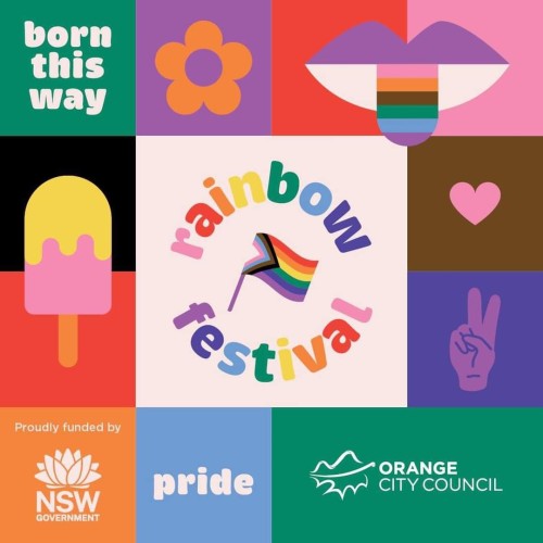 A graphic advertising the Orange Rainbow Festival.
It's lots of different sized rectangles in rainbow colours, some with pictures. The pictures include a yellow and pink ice-cream over a black and red background (representing queer Aboriginal people), a pink heart, the word "pride", as well as the logos for Orange City Council and the NSW Govt (who is a sponsor of the event). The centre square says "Rainbow Festival" in rainbow colours and shows a Progress Pride flag.

(The Progress Pride Flag evolved from the Philadelphia Pride Flag and was created by Daniel Quaser. Quasar added a white, pink, and light blue stripe to represent the Trans community. While the black and brown stripes still represented communities of color, the black stripe is also a nod the thousands of individuals that the community lost during the HIV/AIDS crisis in 1980s and 1990s. Since its creation, the flag has become very popular.)