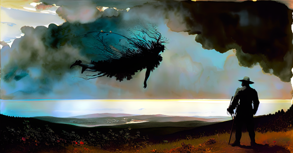 a painterly rendering of a man in a hat with a view of a distant body of water observing the approach of a floating humanoid that has been colonized by roots and weeds silhouetted against a cloudy sky
