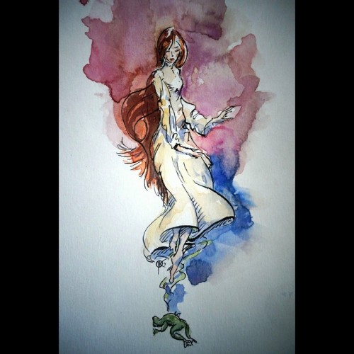 watercolor illustration drawing, beautiful young woman floating from and above the frog’s skin