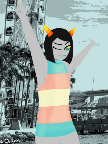 a homestuck troll woman wearing a latex transgender pride flag dress. Both of her arms are raised above her head.