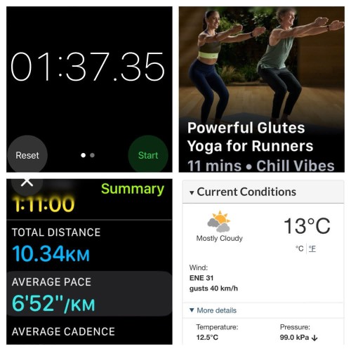 Four iOS screenshots:
1) Timer app showing 1:37.35

2) Apple Fitness Powerful Glutes Yoga for Runners, 11 minutes

3) Apple Fitness Running Details
Total Time: 1:11:00
Total Distance: 10.34 KM
Average Pace: 6’52”/KM

4) Environment Canada site showing 13°C and a ENE 31 km/hr wind gusting to 40km/hr