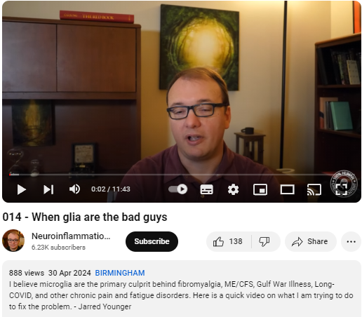 Screenshot of start of YouTube video 
014 - When glia are the bad guys

Neuroinflammation, Pain, and Fatigue Lab at UAB
6.23K subscribers

888 views  30 Apr 2024  BIRMINGHAM
I believe microglia are the primary culprit behind fibromyalgia, ME/CFS, Gulf War Illness, Long-COVID, and other chronic pain and fatigue disorders. Here is a quick video on what I am trying to do to fix the problem. - Jarred Younger
