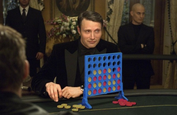 Mads Mikkelsen playing Connect Four at the casino table as Le Chiffre in the James Bond movie Casino Royale