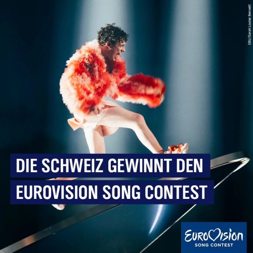 Die Grafik zeigt den Schweizer Sänger Nemo auf der Bühne performen. Dazu der Text: Die Schweiz gewinnt den Eurovision Song Contest