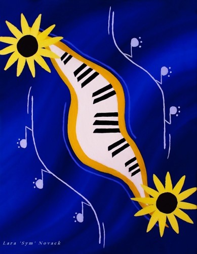 Yellow flowers and musical notes dance in the deep blue wind, springing forth from and celebrating the musical rift that houses the piano keys.