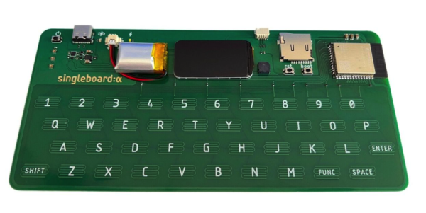 A PCB designes to be a touch qwerty keyboard. A lipo battery and small oled are at the top along with the esp32, it also has an SD card slot and looks like it uses usb c. It has all the things needed to be a tiny computer on a single board. 
