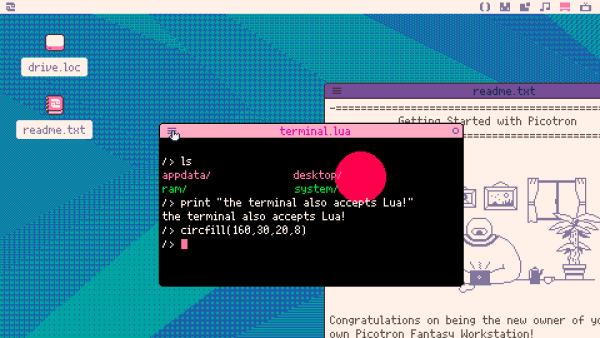 desktop for the picotron showing a terminal window open