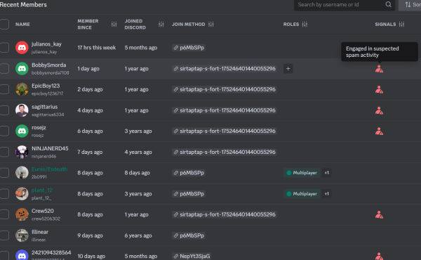 discord member ui showing many spam bots