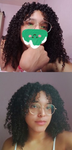 Foto mostrando o antes e depois de um corte de cabelo em cabelo cacheado 3c/4a