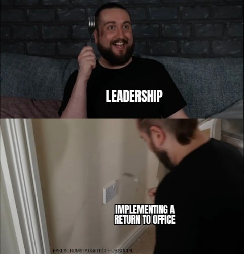 Man labeled "Leadership" holding up a fork.
He sticks the fork in an electrical outlet labeled "Implementing a return to office" 