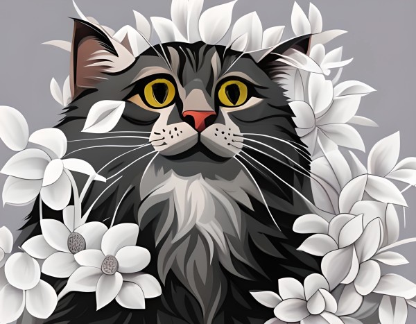 black and white flowers and cat