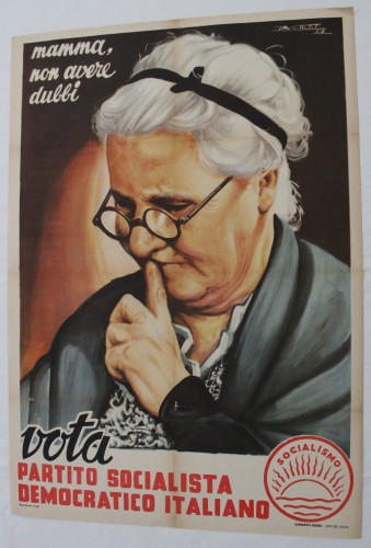 vecchio manifesto del PSDI raffigurante un'anziana pensosa e la scritta "mamma non avere dubbi vota PSDI"