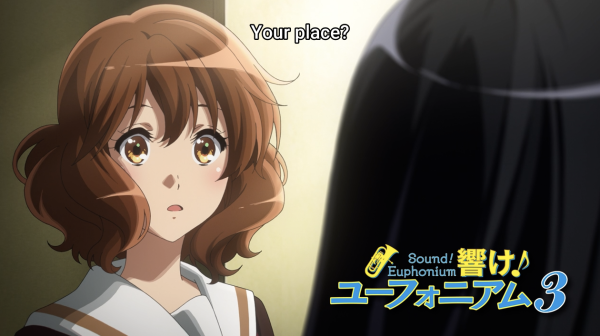 An anime girl looking shocked at another girl
Subtitle: Your place?