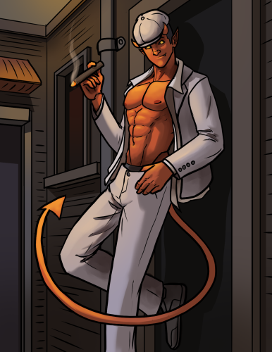 Illustration of a red-skinned demon in a 1920s style gangster suit