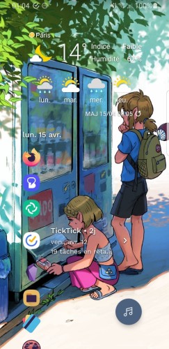 Phone homescreen vwith several icos on the right sde of the screen below a weather widget. The backdgrown is a drawing of link and zelda in a modern summer japan and in modern clothes in front of a vending machine