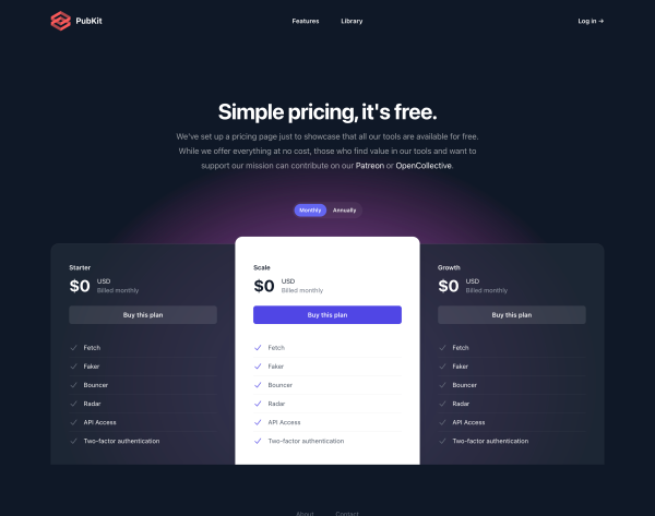 PubKit pricing page, its all free!
