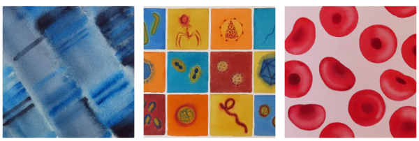 3 watercolor paintings in a row: DNA, viruses, blood cells 