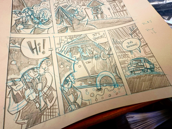 A few penciled panels from a comic page I’m working on. Karl and Kelly are under an umbrella in the rain as a car drives by. A young man leans out the car window saying “Hi” and that “it’s raining” to the couple as the car drives away.