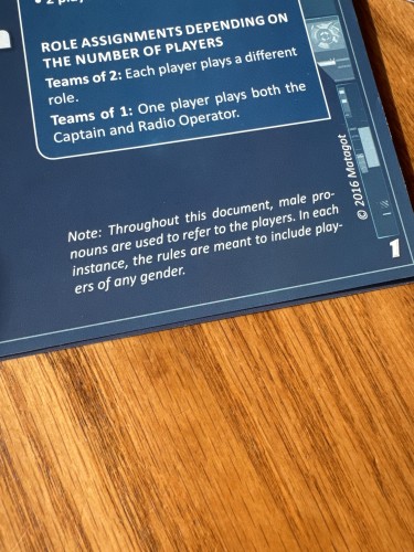 Instruction book from a game that says Note: throughout this document, male pronouns are used to refer to the players. In each instance, the rules are meant to include players of any gender.