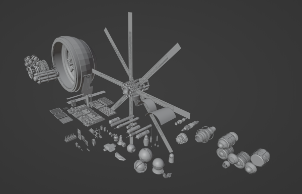 Blender screen grab: A selection of odd little bits of sci-fi-ness. Spheres, tanks, toolkits, greebles, antenna, radiators, cockpits, cargo tugs, engines…