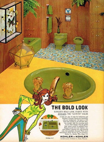 1960s print add for Kohler bathroom fixtures all in glorious avocado green. A drawing of a Flower Power girl tells us it's "The Bold Look"