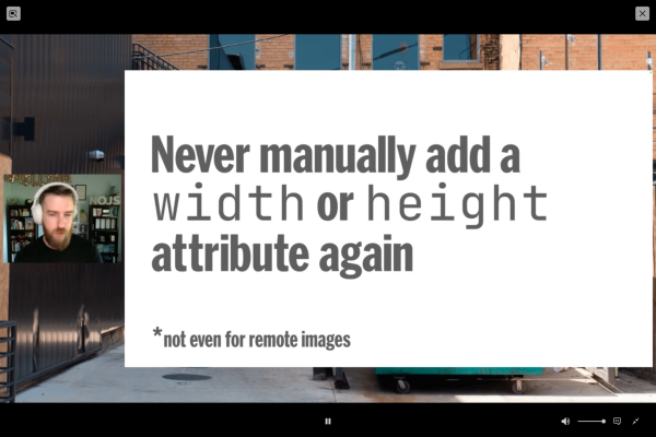 Keynote slide with the text “never use a `witdth` or`height` attribute again”