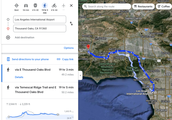Walking route from LAX to Thousand Oaks, CA