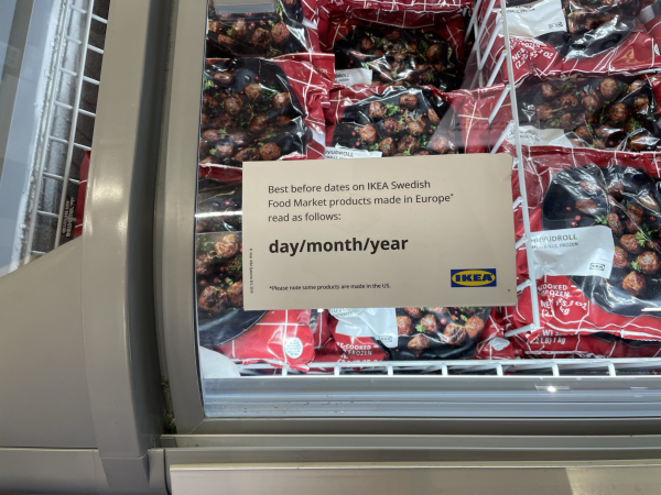 IKEA freezer full of Swedish meatball packages, with a sign saying:

Best before dates on IKEA Swedish Food Market products made in Europe* read as follows:

day/month/year

* Please note some products are made in the US