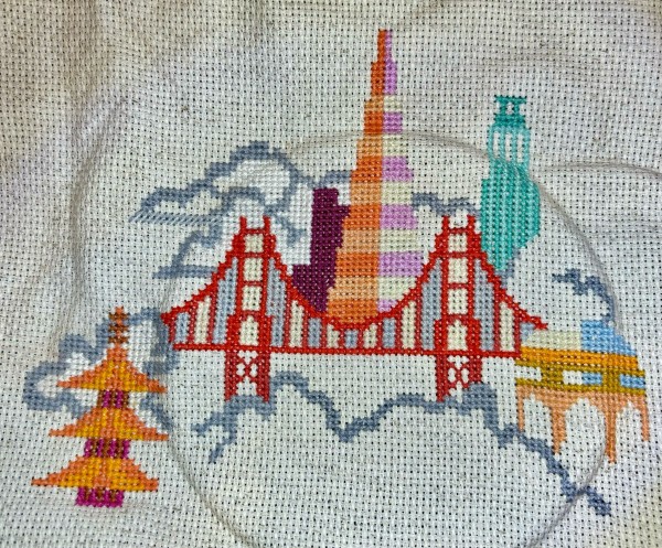 Skyline cross stitch with the Golden Gate Bridge and more 