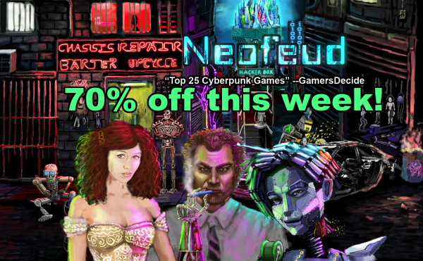 Neofeud is 70% off title screen with cyberpunk background and 3 main characters