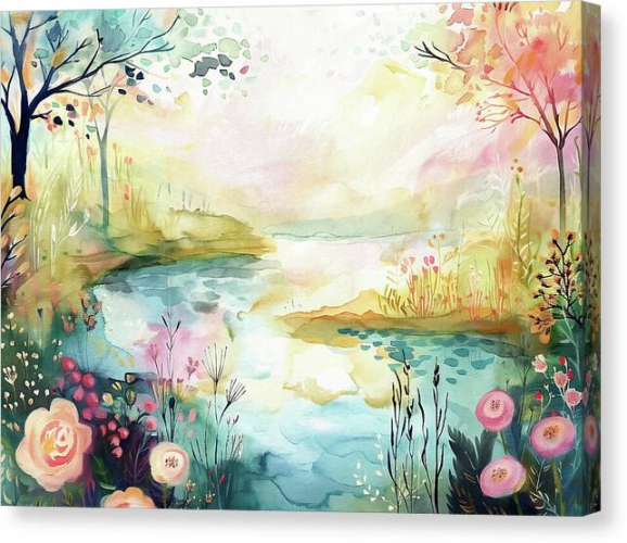 Vibrant flowers and trees are depicted around a serene body of water under a pastel sky. The use of gentle watercolor tones creates a dreamlike landscape that feels both peaceful and whimsical.